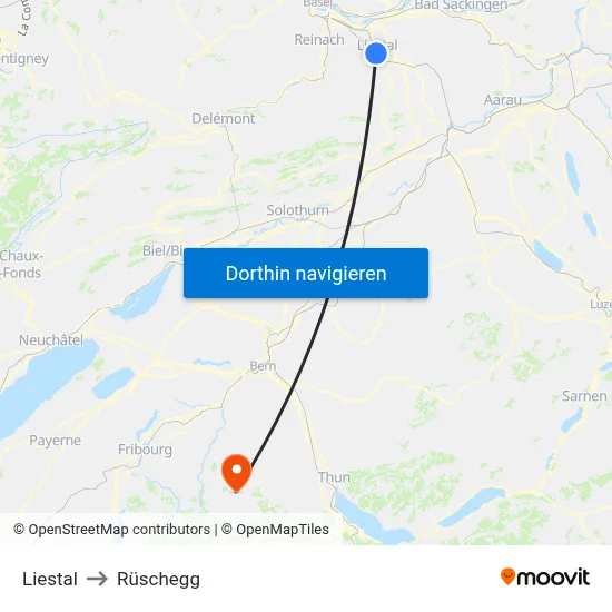 Liestal to Rüschegg map