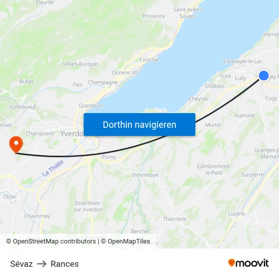 Sévaz to Rances map