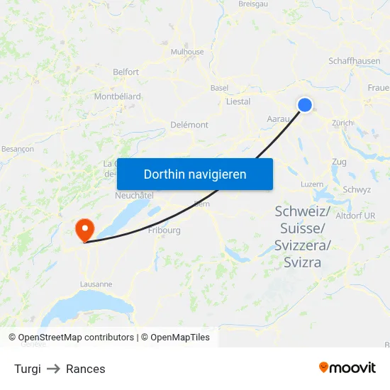 Turgi to Rances map