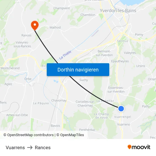Vuarrens to Rances map
