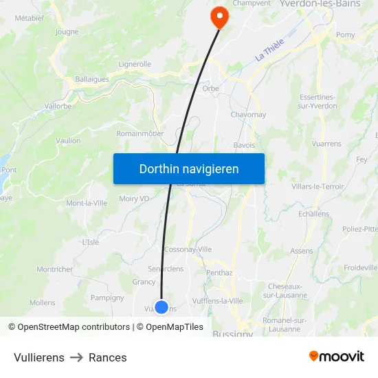 Vullierens to Rances map