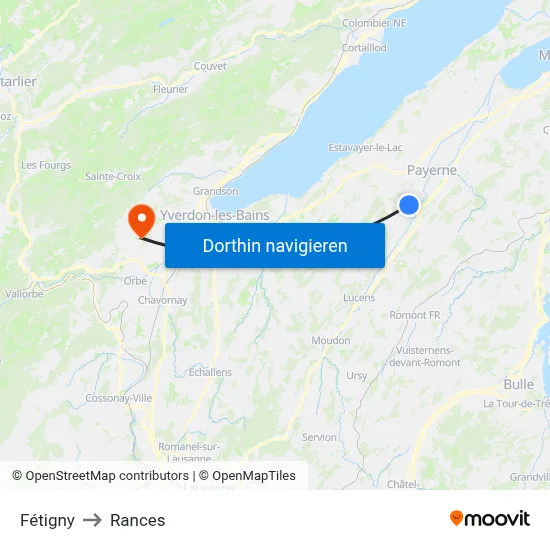 Fétigny to Rances map