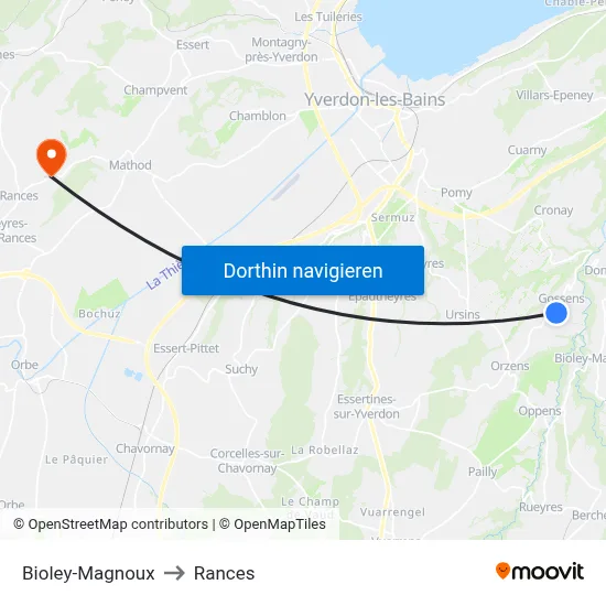 Bioley-Magnoux to Rances map