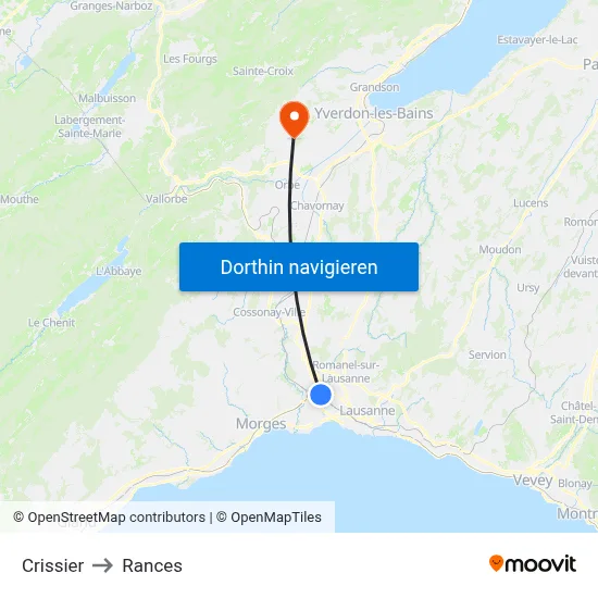 Crissier to Rances map