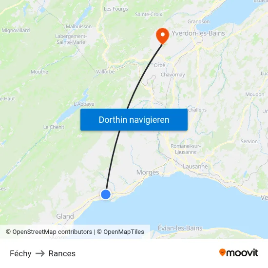 Féchy to Rances map