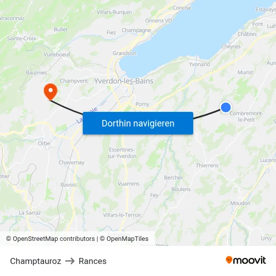 Champtauroz to Rances map