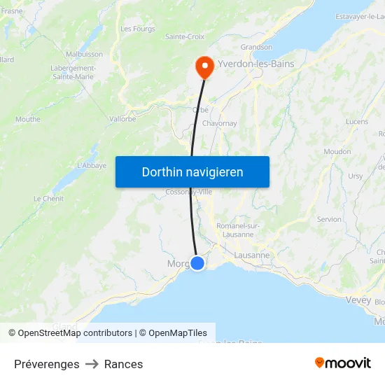 Préverenges to Rances map