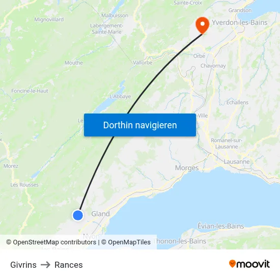 Givrins to Rances map