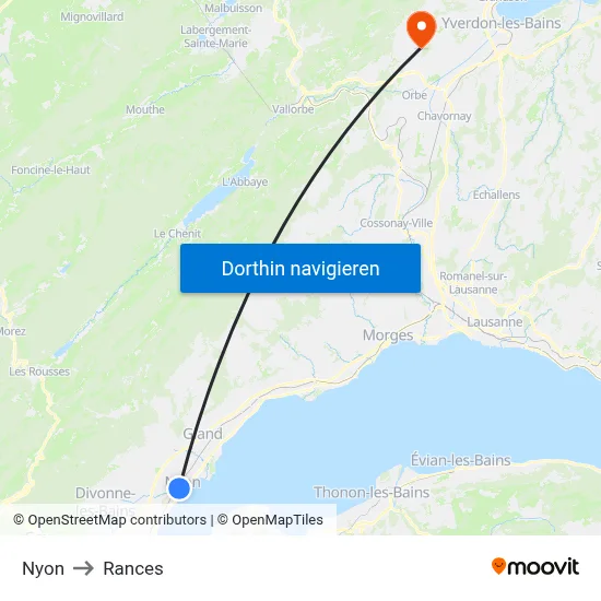 Nyon to Rances map