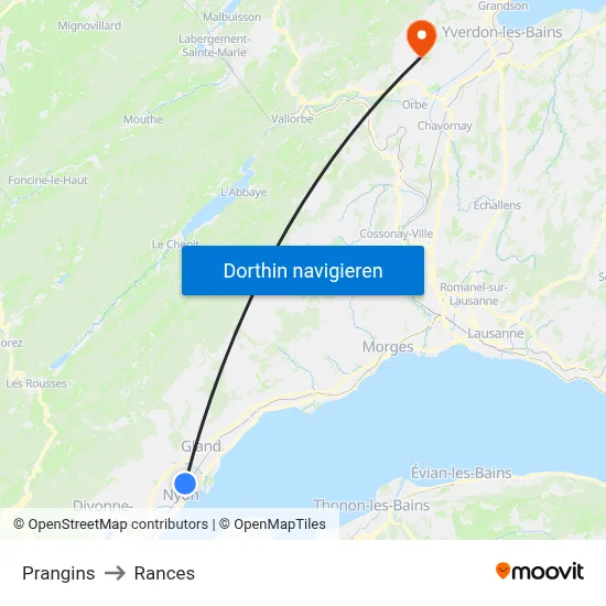 Prangins to Rances map