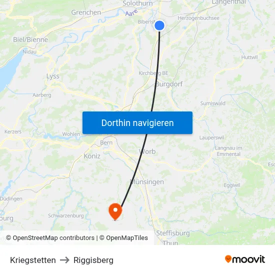 Kriegstetten to Riggisberg map