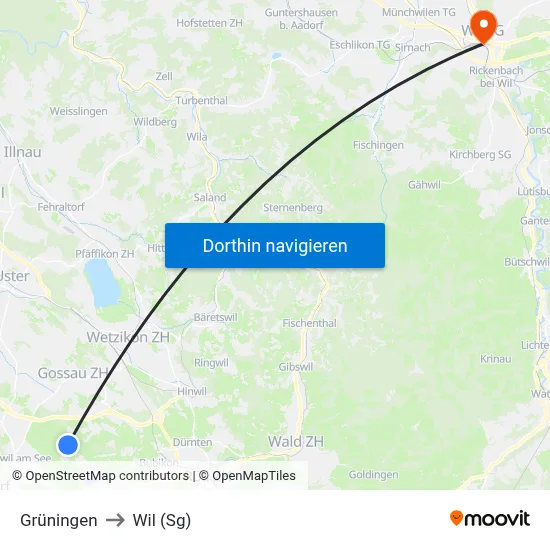 Grüningen to Wil (Sg) map