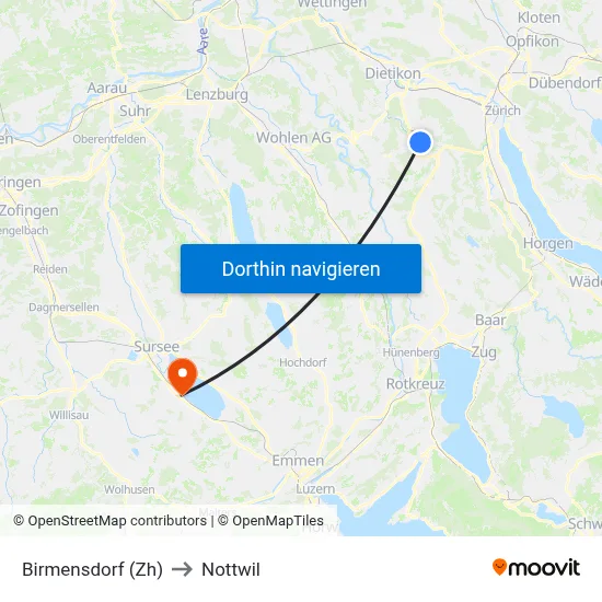 Birmensdorf (Zh) to Nottwil map