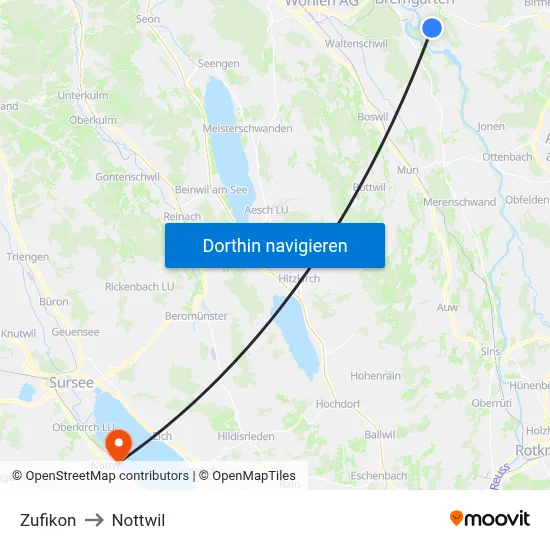 Zufikon to Nottwil map