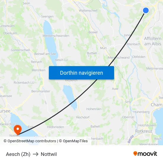 Aesch (Zh) to Nottwil map