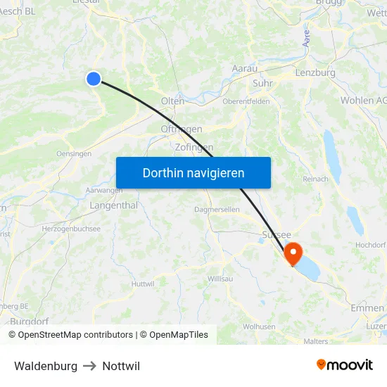 Waldenburg to Nottwil map