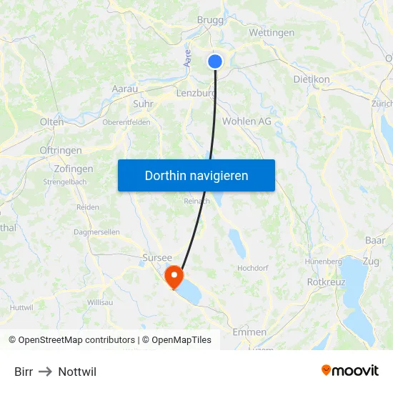 Birr to Nottwil map
