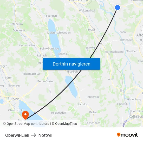 Oberwil-Lieli to Nottwil map