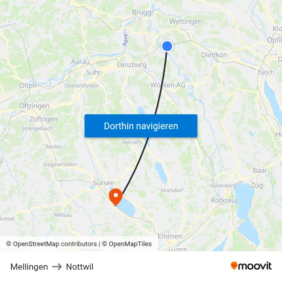 Mellingen to Nottwil map