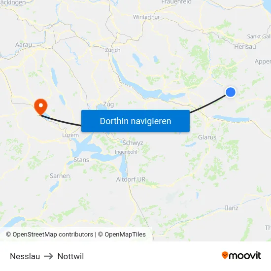 Nesslau to Nottwil map