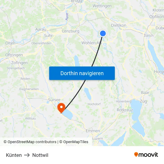 Künten to Nottwil map
