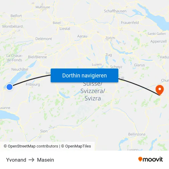 Yvonand to Masein map