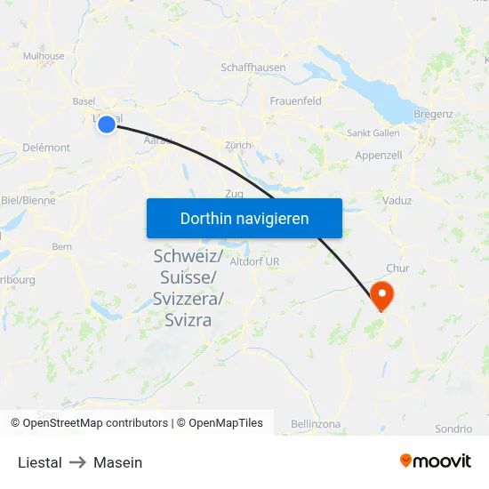Liestal to Masein map