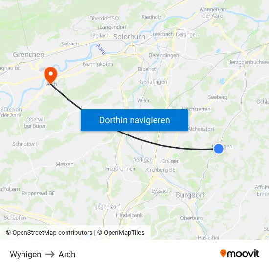 Wynigen to Arch map