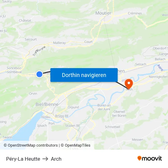 Péry-La Heutte to Arch map