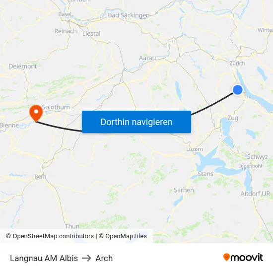 Langnau AM Albis to Arch map