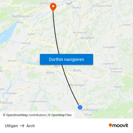 Uttigen to Arch map