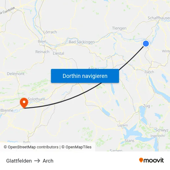 Glattfelden to Arch map