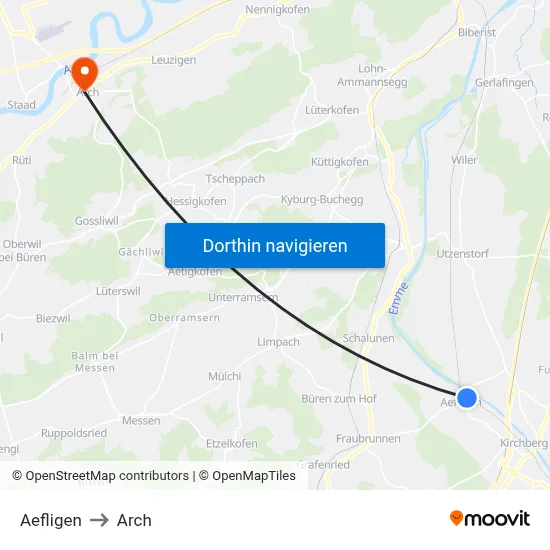 Aefligen to Arch map