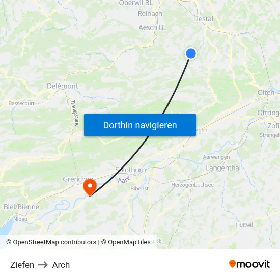 Ziefen to Arch map