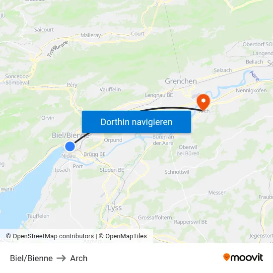 Biel/Bienne to Arch map