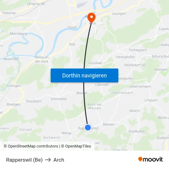 Rapperswil (Be) to Arch map