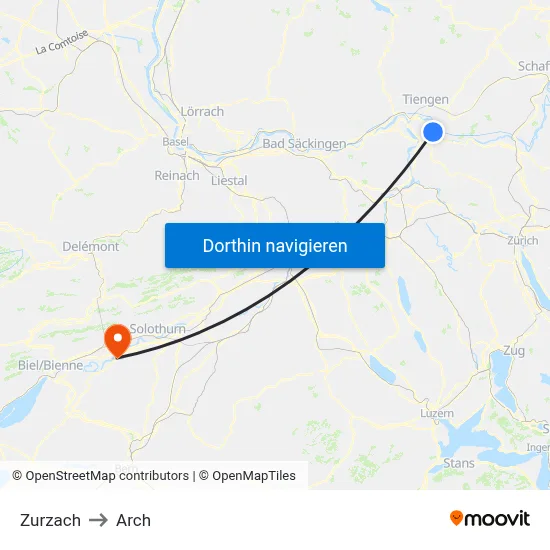 Zurzach to Arch map