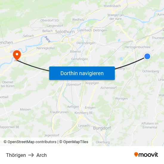 Thörigen to Arch map