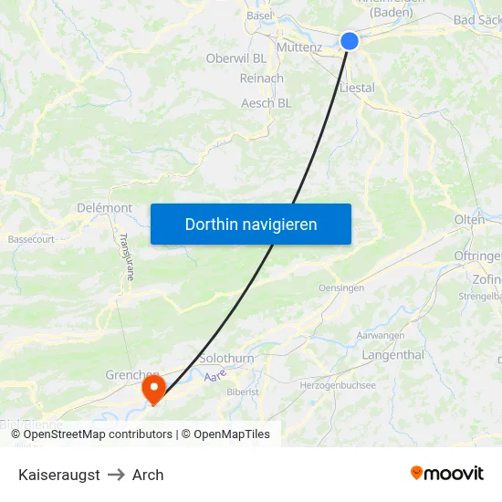 Kaiseraugst to Arch map