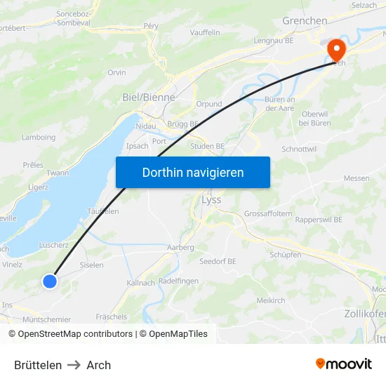 Brüttelen to Arch map