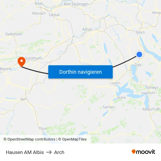 Hausen AM Albis to Arch map