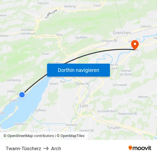 Twann-Tüscherz to Arch map