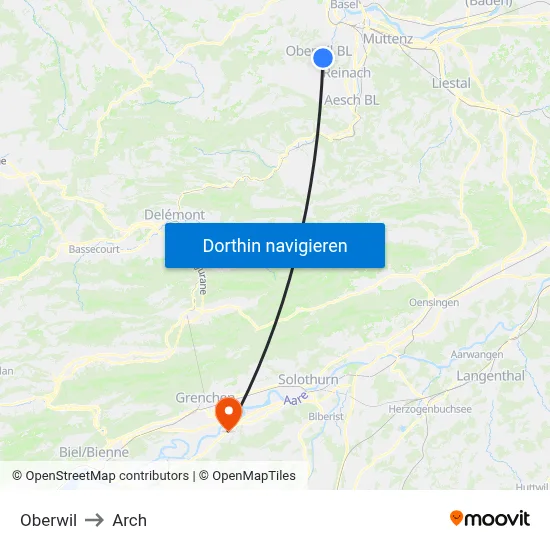 Oberwil to Arch map