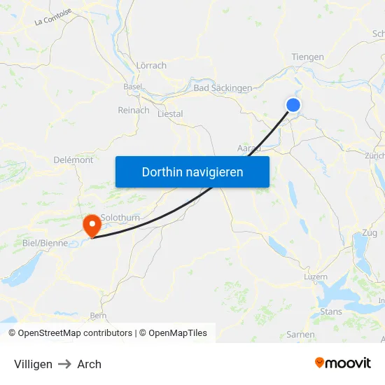 Villigen to Arch map
