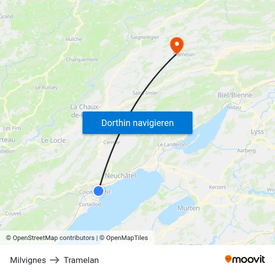 Milvignes to Tramelan map
