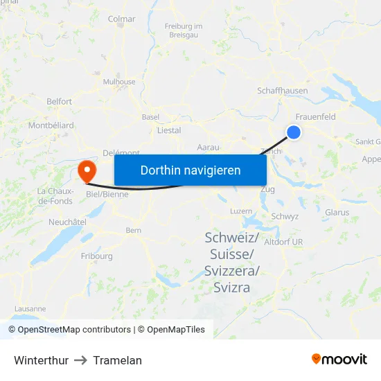 Winterthur to Tramelan map