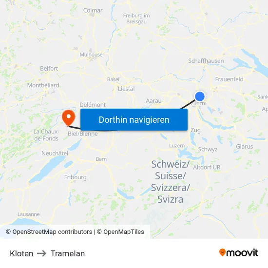 Kloten to Tramelan map
