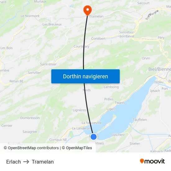 Erlach to Tramelan map