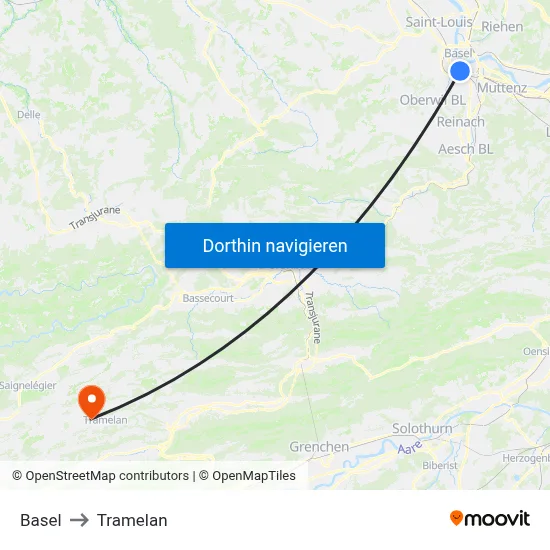 Basel to Tramelan map