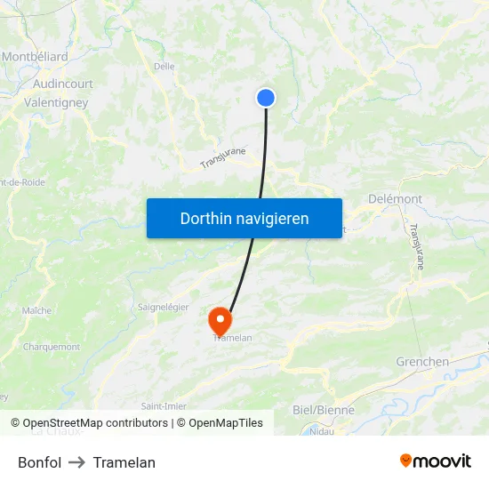 Bonfol to Tramelan map